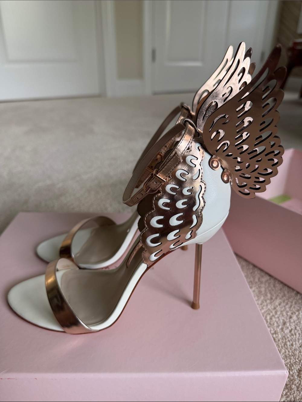 Sophia Webster White and Rose Gold Wing-Embellished Stiletto Sandals 38.5